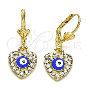 Arete Colgante 02.380.0085.1 Oro Laminado, Diseño de Ojo Griego y Corazón, con Blanca Cristal, Esmaltado Azul, Tono Dorado
