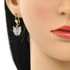 Arete Colgante 02.380.0086 Oro Laminado, Diseño de Ojo Griego y Mariposa, con Blanca Cristal, Esmaltado Azul, Tono Dorado