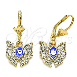 Arete Colgante 02.380.0086 Oro Laminado, Diseño de Ojo Griego y Mariposa, con Blanca Cristal, Esmaltado Azul, Tono Dorado