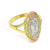 Anillo Elegante 01.380.0012.07 Oro Laminado, Diseño de Guadalupe y Flor, Pulido, Tres Tonos (Size 7)