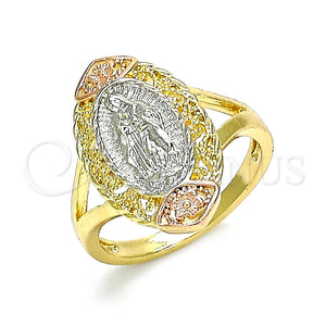 Anillo Elegante 01.380.0012.08 Oro Laminado, Diseño de Guadalupe y Flor, Pulido, Tres Tonos (Size 8)