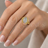 Anillo Elegante 01.380.0012.09 Oro Laminado, Diseño de Guadalupe y Flor, Pulido, Tres Tonos (Tamaño 9)