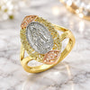 Anillo Elegante 01.380.0012.09 Oro Laminado, Diseño de Guadalupe y Flor, Pulido, Tres Tonos (Tamaño 9)