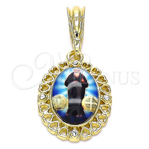 Dije Religioso 05.380.0142 Oro Laminado, Diseño de San Benito y Corazón, con Blanca Cristal, Pulido, Tono Dorado