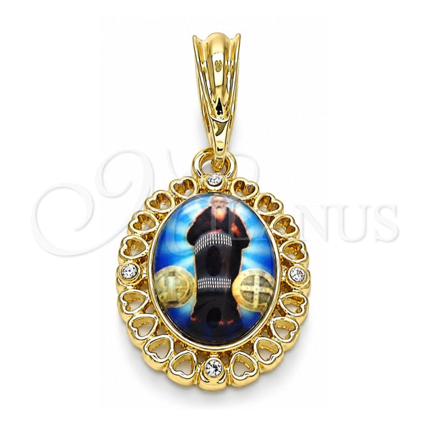 Dije Religioso 05.380.0142 Oro Laminado, Diseño de San Benito y Corazón, con Blanca Cristal, Pulido, Tono Dorado