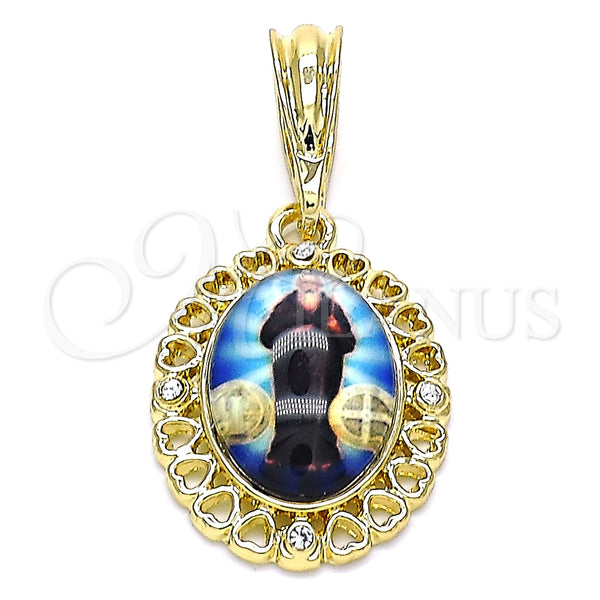 Dije Religioso 05.380.0142 Oro Laminado, Diseño de San Benito y Corazón, con Blanca Cristal, Pulido, Tono Dorado