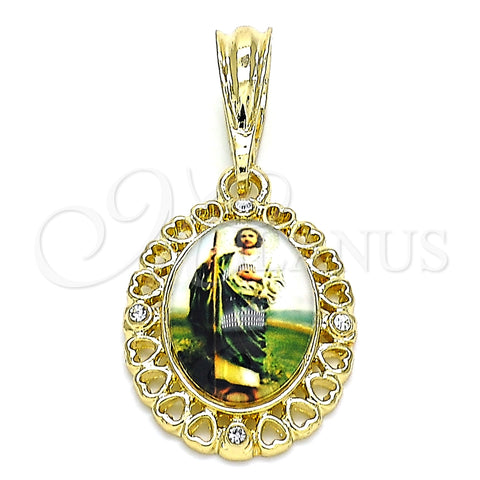 Dije Religioso 05.380.0145 Oro Laminado, Diseño de San Judas y Corazón, con Blanca Cristal, Pulido, Tono Dorado