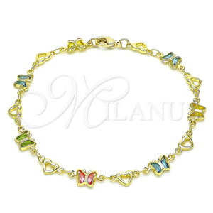 Pulsera Elegante 03.386.0013.08 Oro Laminado, Diseño de Mariposa y Corazón, con Multicolor Cristal, Pulido, Tono Dorado (06 MM Thickness, 8 Inches Length)