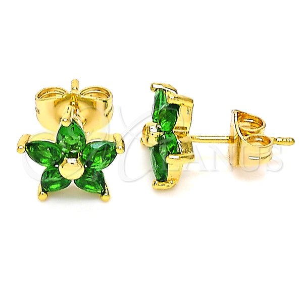 Arete Dormilona 02.310.0024 Oro Laminado, Diseño de Flor, con Verde Zirconia Cubica, Pulido, Tono Dorado