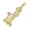 Dije Religioso 05.253.0126 Oro Laminado, Diseño de San Lazaro, con Zirconia Cubica Amatista, Pulido, Tono Dorado