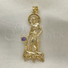 Dije Religioso 05.253.0126 Oro Laminado, Diseño de San Lazaro, con Zirconia Cubica Amatista, Pulido, Tono Dorado