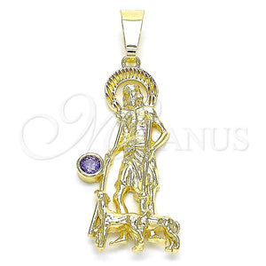 Dije Religioso 05.253.0126 Oro Laminado, Diseño de San Lazaro, con Zirconia Cubica Amatista, Pulido, Tono Dorado
