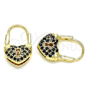 Argolla Pequeña 02.341.0056.4.12 Oro Laminado, Diseño de Candado y Corazón, con Negro Micro Pave, Pulido, Tono Dorado