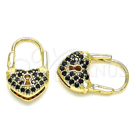 Argolla Pequeña 02.341.0056.4.12 Oro Laminado, Diseño de Candado y Corazón, con Negro Micro Pave, Pulido, Tono Dorado