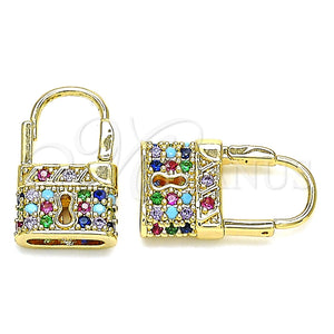 Argolla Pequeña 02.210.0528.1.12 Oro Laminado, Diseño de Candado, con Multicolor Micro Pave, Pulido, Tono Dorado