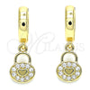 Argolla Huggie 02.210.0532.15 Oro Laminado, Diseño de Candado y Corazón, con Blanca Micro Pave, Pulido, Tono Dorado