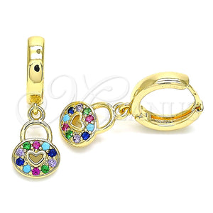 Argolla Huggie 02.210.0532.1.15 Oro Laminado, Diseño de Candado y Corazón, con Multicolor Micro Pave, Pulido, Tono Dorado