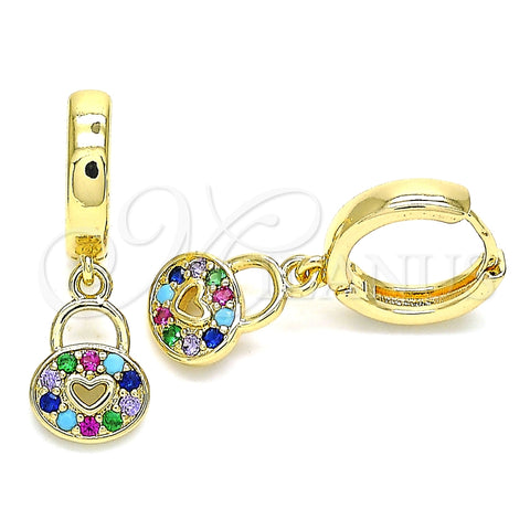 Argolla Huggie 02.210.0532.1.15 Oro Laminado, Diseño de Candado y Corazón, con Multicolor Micro Pave, Pulido, Tono Dorado