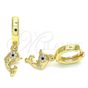 Argolla Huggie 02.210.0533.15 Oro Laminado, Diseño de Delfín, con Blanca and Negro Micro Pave, Pulido, Tono Dorado