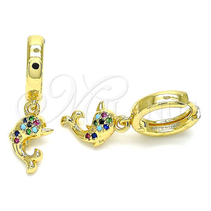 Argolla Huggie 02.210.0533.1.15 Oro Laminado, Diseño de Delfín, con Multicolor Micro Pave, Pulido, Tono Dorado