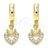 Argolla Huggie 02.210.0537.15 Oro Laminado, Diseño de Corazón y Corona, con Blanca Micro Pave, Pulido, Tono Dorado