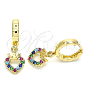 Argolla Huggie 02.210.0537.1.15 Oro Laminado, Diseño de Corazón y Corona, con Multicolor Micro Pave, Pulido, Tono Dorado
