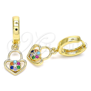 Argolla Huggie 02.210.0538.1.15 Oro Laminado, Diseño de Candado y Corazón, con Multicolor Micro Pave, Pulido, Tono Dorado