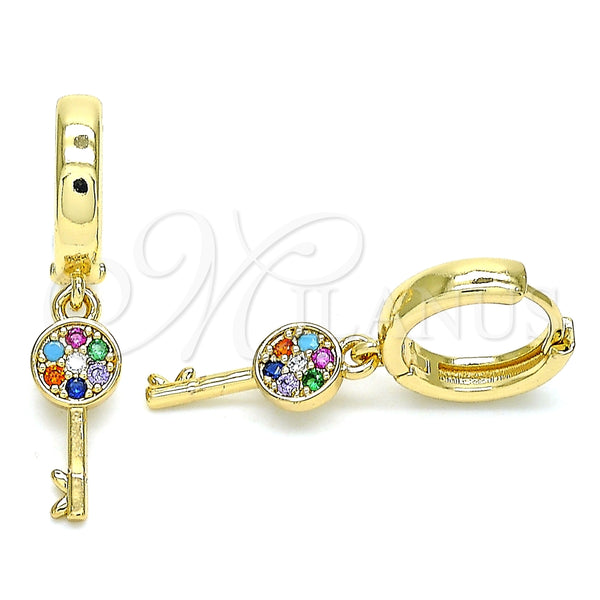 Argolla Huggie 02.210.0539.1.15 Oro Laminado, Diseño de Llave, con Multicolor Micro Pave, Pulido, Tono Dorado