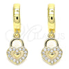 Argolla Huggie 02.210.0540.15 Oro Laminado, Diseño de Candado y Corazón, con Blanca Micro Pave, Pulido, Tono Dorado