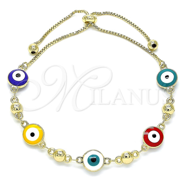 Pulsera Bolo Ajustable 03.213.0130.3.10 Oro Laminado, Diseño de Ojo Griego, Esmaltado Multicolor, Tono Dorado (01 MM Thickness, 10 Inches Length)