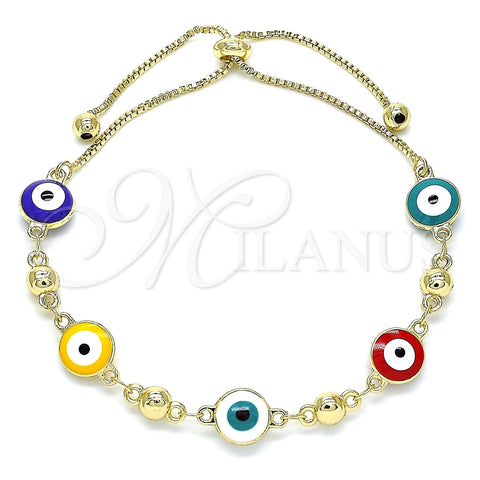 Pulsera Bolo Ajustable 03.213.0130.3.10 Oro Laminado, Diseño de Ojo Griego, Esmaltado Multicolor, Tono Dorado (01 MM Thickness, 10 Inches Length)