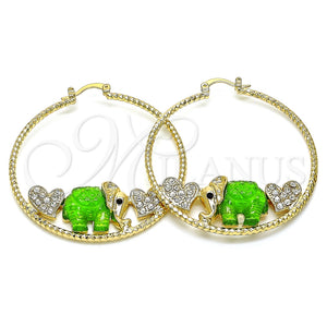 Argolla Grande 02.380.0051.7.50 Oro Laminado, Diseño de Elefante y Corazón, con Blanca and Negro Cristal, Resinado Verde, Tono Dorado