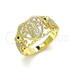 Anillo Multi Piedra 01.380.0017.08 Oro Laminado, Diseño de Guadalupe y Corazón, con Blanca and Negro Zirconia Cubica, Pulido, Tono Dorado (Size 8)