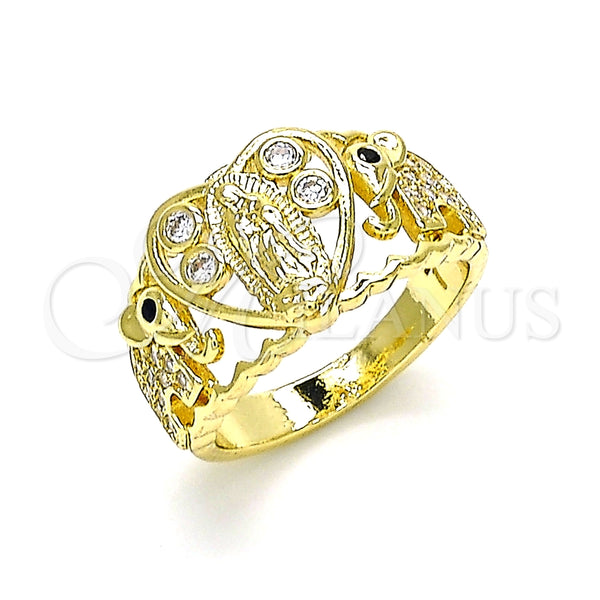 Anillo Multi Piedra 01.380.0017.08 Oro Laminado, Diseño de Guadalupe y Corazón, con Blanca and Negro Zirconia Cubica, Pulido, Tono Dorado (Size 8)
