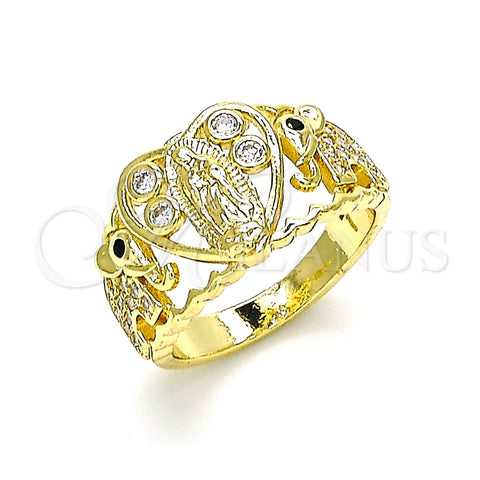 Anillo Multi Piedra 01.380.0017.08 Oro Laminado, Diseño de Guadalupe y Corazón, con Blanca and Negro Zirconia Cubica, Pulido, Tono Dorado (Size 8)