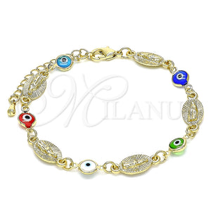 Pulsera Elegante 03.351.0134.07 Oro Laminado, Diseño de Guadalupe y Ojo Griego, Resinado Multicolor, Tono Dorado (08 MM Thickness, 7 Inches Length)