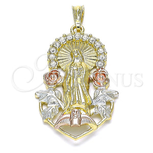 Dije Religioso 05.351.0019.1 Oro Laminado, Diseño de Guadalupe y Flor, con Blanca Cristal, Pulido, Tres Tonos