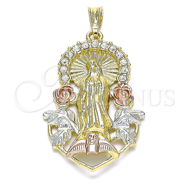 Dije Religioso 05.351.0019.1 Oro Laminado, Diseño de Guadalupe y Flor, con Blanca Cristal, Pulido, Tres Tonos