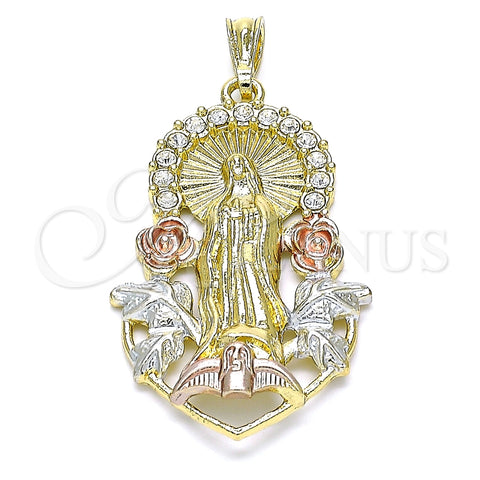 Dije Religioso 05.351.0019.1 Oro Laminado, Diseño de Guadalupe y Flor, con Blanca Cristal, Pulido, Tres Tonos