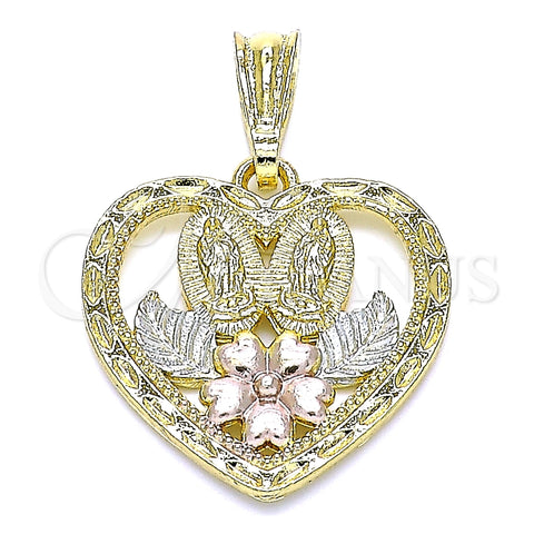 Dije Religioso 05.351.0200 Oro Laminado, Diseño de Guadalupe y Corazón, Pulido, Tres Tonos
