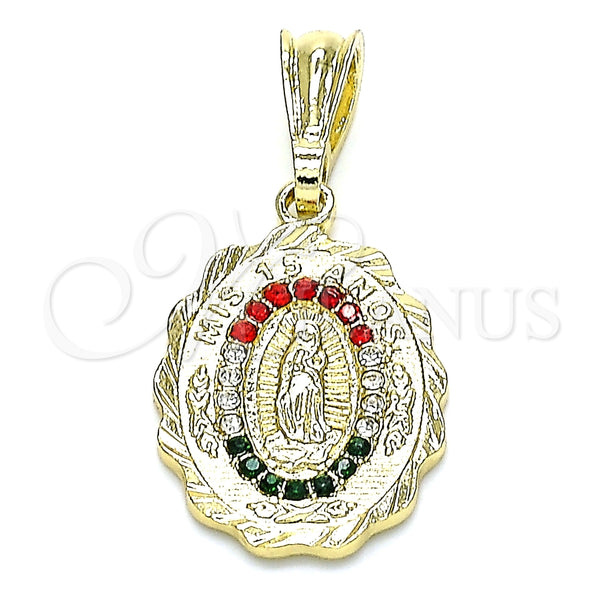 Dije Religioso 05.351.0203 Oro Laminado, Diseño de Guadalupe, con Multicolor Cristal, Pulido, Tono Dorado