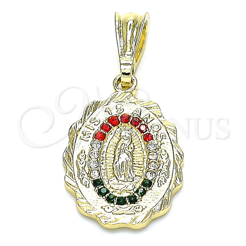 Dije Religioso 05.351.0203 Oro Laminado, Diseño de Guadalupe, con Multicolor Cristal, Pulido, Tono Dorado