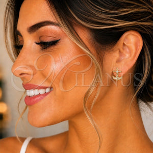 Arete Dormilona 02.156.0571 Oro Laminado, Diseño de Ancla, con Blanca Micro Pave and Blanca Zirconia Cubica, Pulido, Tono Dorado