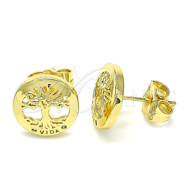 Arete Dormilona 02.156.0572 Oro Laminado, Diseño de Ãrbol, con Blanca Micro Pave, Pulido, Tono Dorado