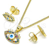 Juego de Arete y Dije de Adulto 10.156.0364 Oro Laminado, Diseño de Ojo Griego, con Multicolor Micro Pave, Esmaltado Blanco, Tono Dorado