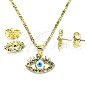 Juego de Arete y Dije de Adulto 10.156.0364 Oro Laminado, Diseño de Ojo Griego, con Multicolor Micro Pave, Esmaltado Blanco, Tono Dorado