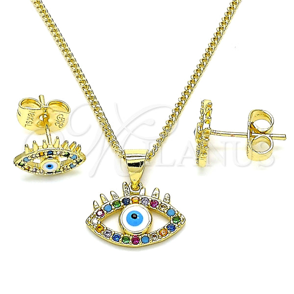 Juego de Arete y Dije de Adulto 10.156.0364 Oro Laminado, Diseño de Ojo Griego, con Multicolor Micro Pave, Esmaltado Blanco, Tono Dorado