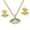 Juego de Arete y Dije de Adulto 10.156.0369 Oro Laminado, Diseño de Ojo Griego, con Multicolor Zirconia Cubica, Esmaltado Blanco, Tono Dorado