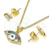 Juego de Arete y Dije de Adulto 10.156.0369 Oro Laminado, Diseño de Ojo Griego, con Multicolor Zirconia Cubica, Esmaltado Blanco, Tono Dorado