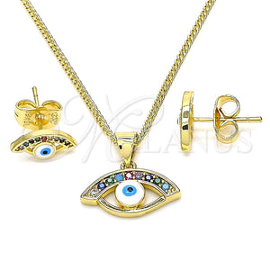 Juego de Arete y Dije de Adulto 10.156.0369 Oro Laminado, Diseño de Ojo Griego, con Multicolor Zirconia Cubica, Esmaltado Blanco, Tono Dorado